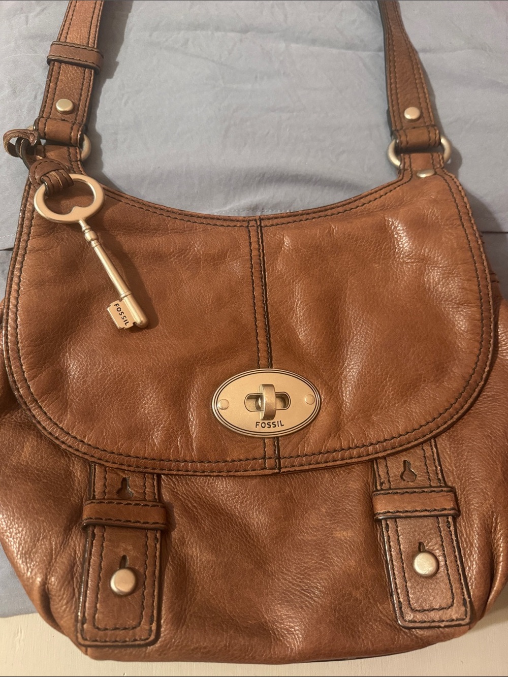 Fossil Brown Leather Shoulder Bag with Key Charm
